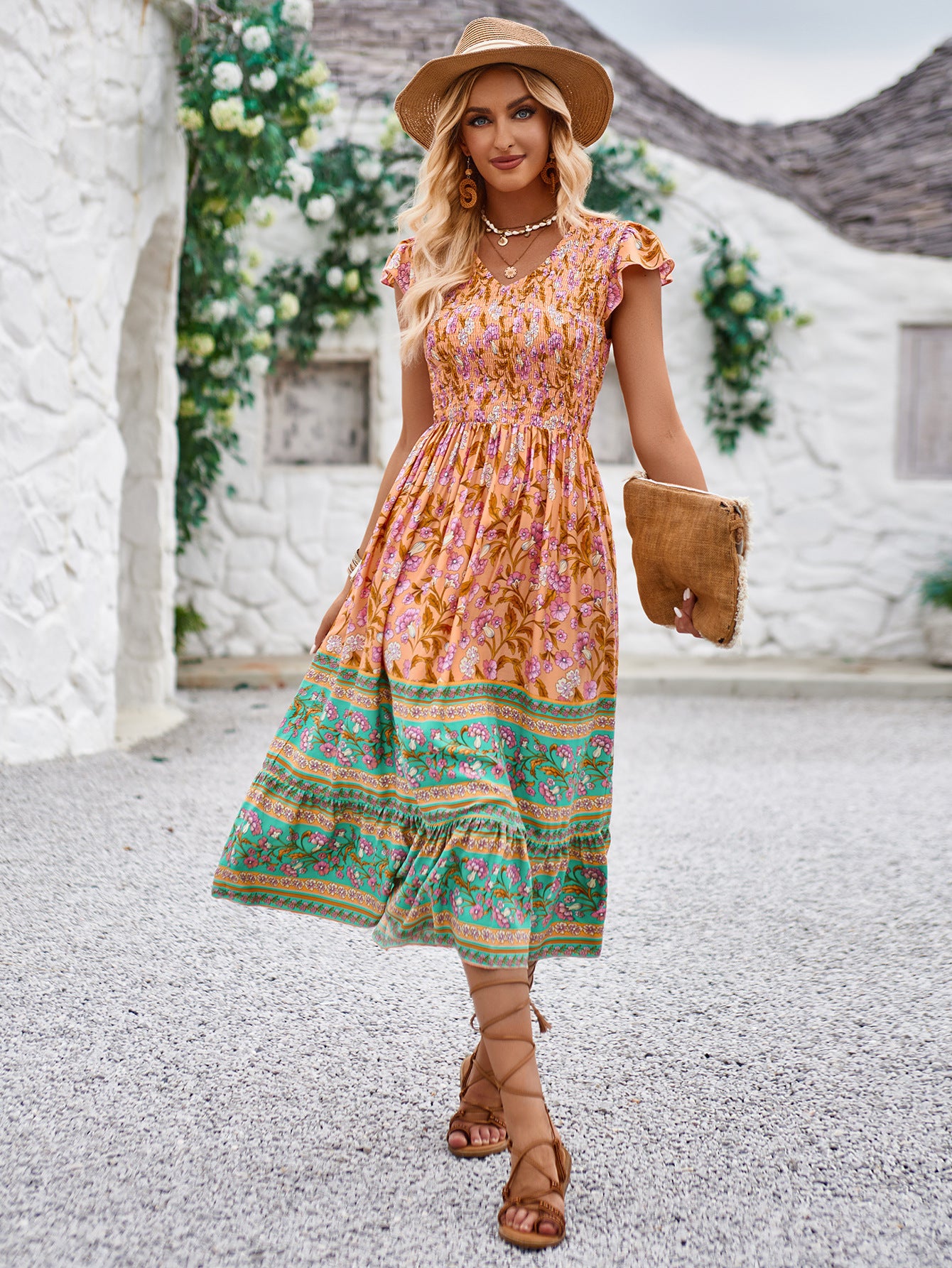 Flowers Print V-neck Summer Casual Ruffle Sleeveless Bohemian Beach Dress for Women
