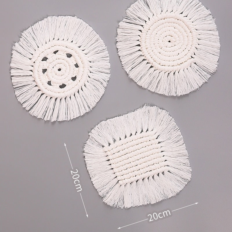 Nordic Handwoven Cotton Rope Coaster White Tassel Minimalist Decorative Insulation Pad