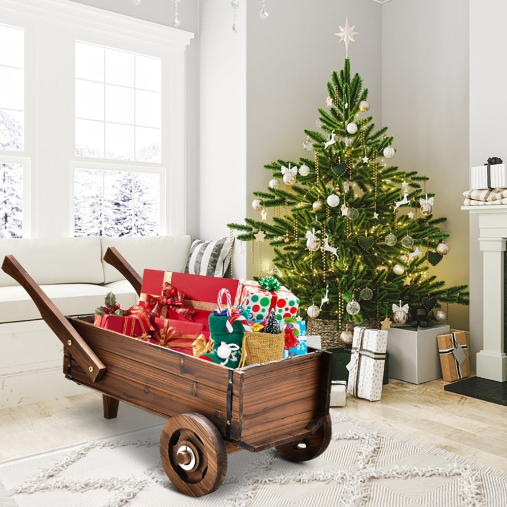 Wooden Wagon Planter Box with Wheels, Handles & Drainage Hole – Rustic Garden Flowerpot