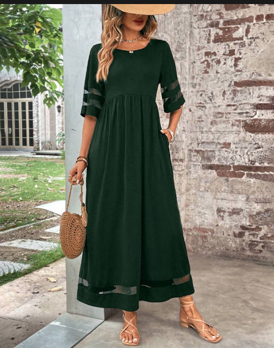 Robe patchwork à manches cinq-quarts et col rond avec poches
