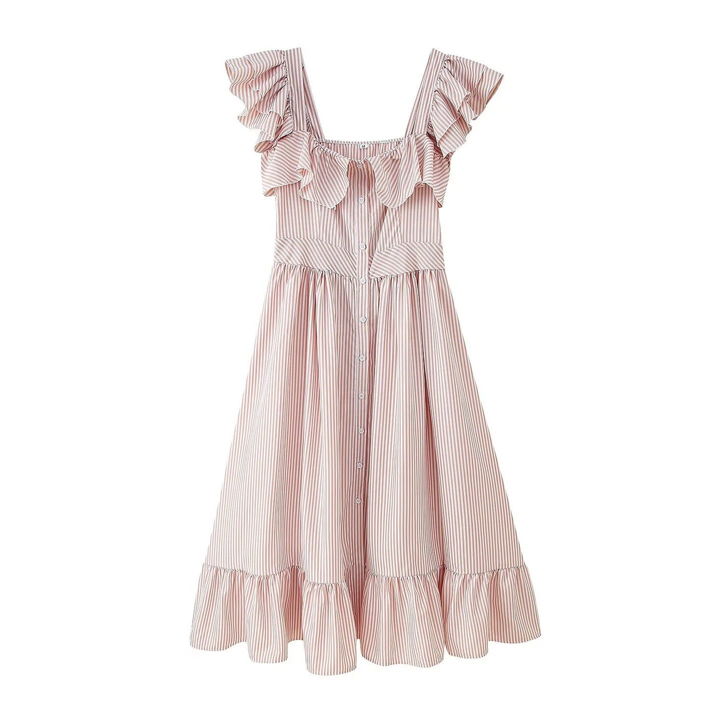 Three Color Striped Ruffle Waist Dress Women's Fashion