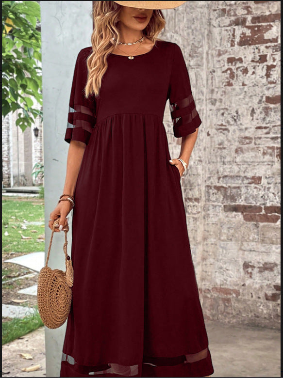 Robe patchwork à manches cinq-quarts et col rond avec poches