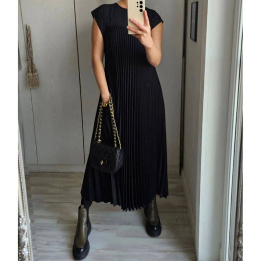 Short Sleeve Pleated Round Neck Long Summer Dress for Women