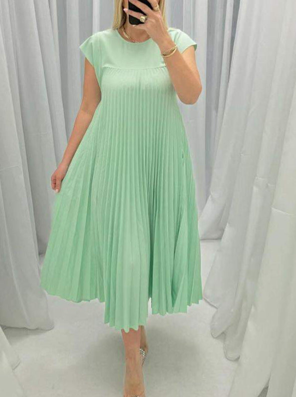 Short Sleeve Pleated Round Neck Long Summer Dress for Women