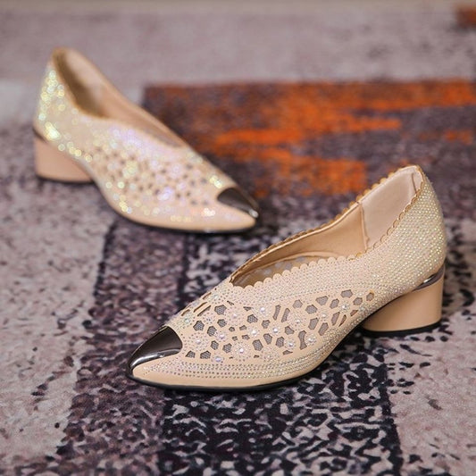 Elegant Plus Size Rhinestone Chunky Heel Shoes for Women