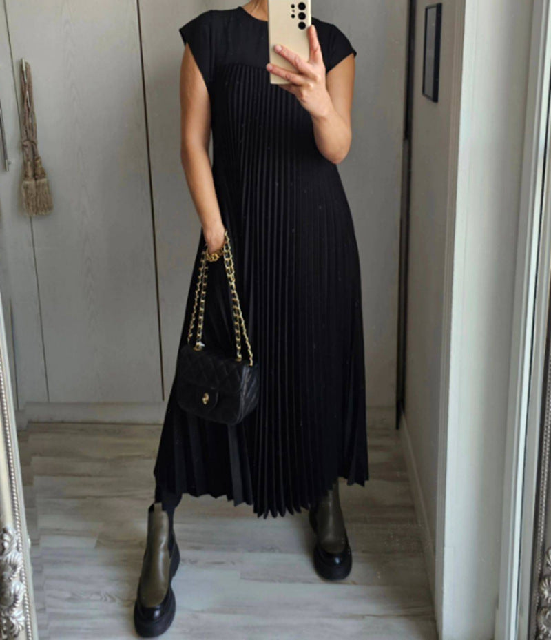Short Sleeve Pleated Round Neck Long Summer Dress for Women