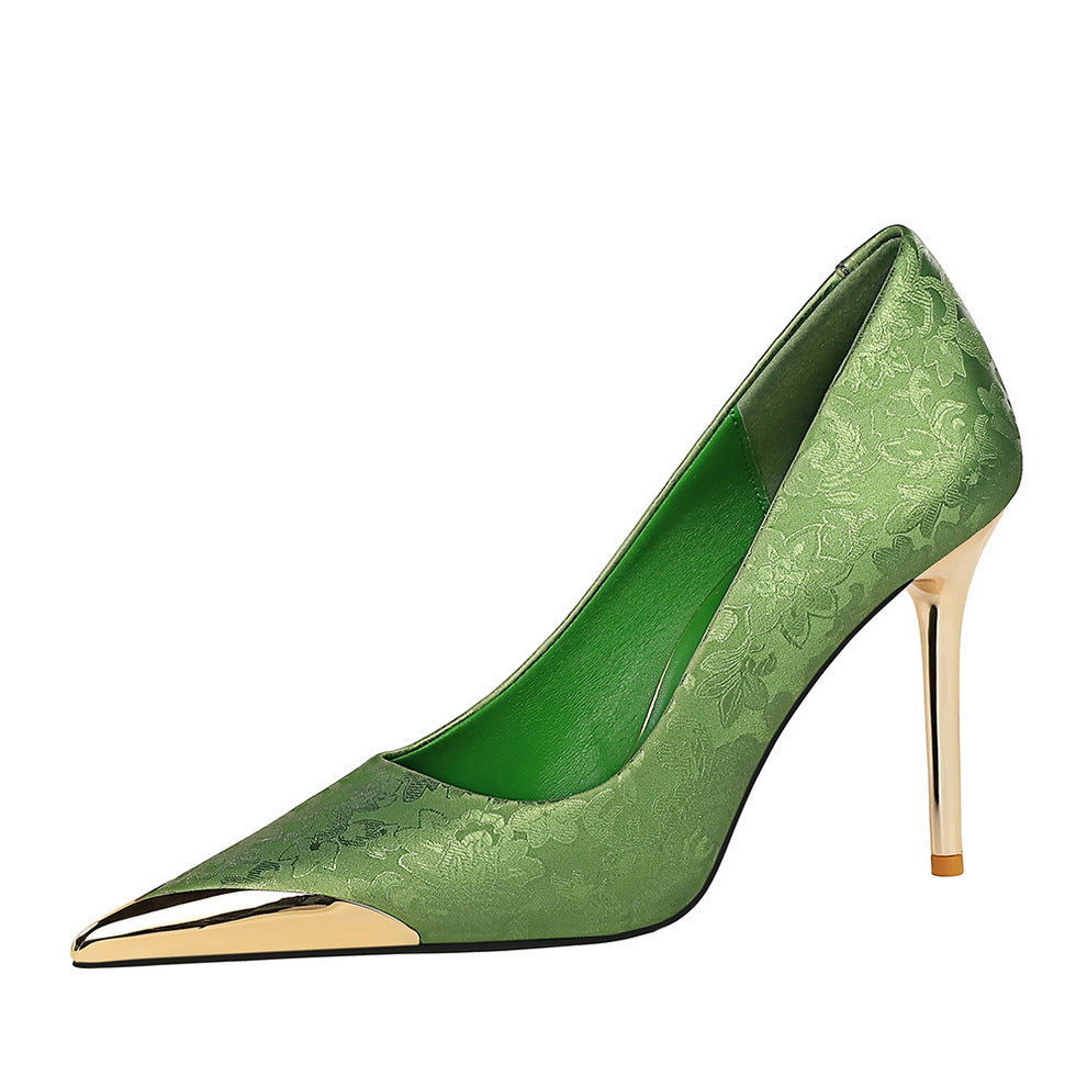 Chinese Style Women's High Heels Satin Pointed Toe Thin Heel Banquet Shoes