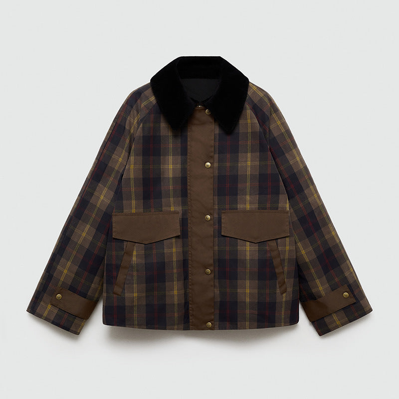 Autumn And Winter Plaid Fur Collar Cotton-padded Jacket