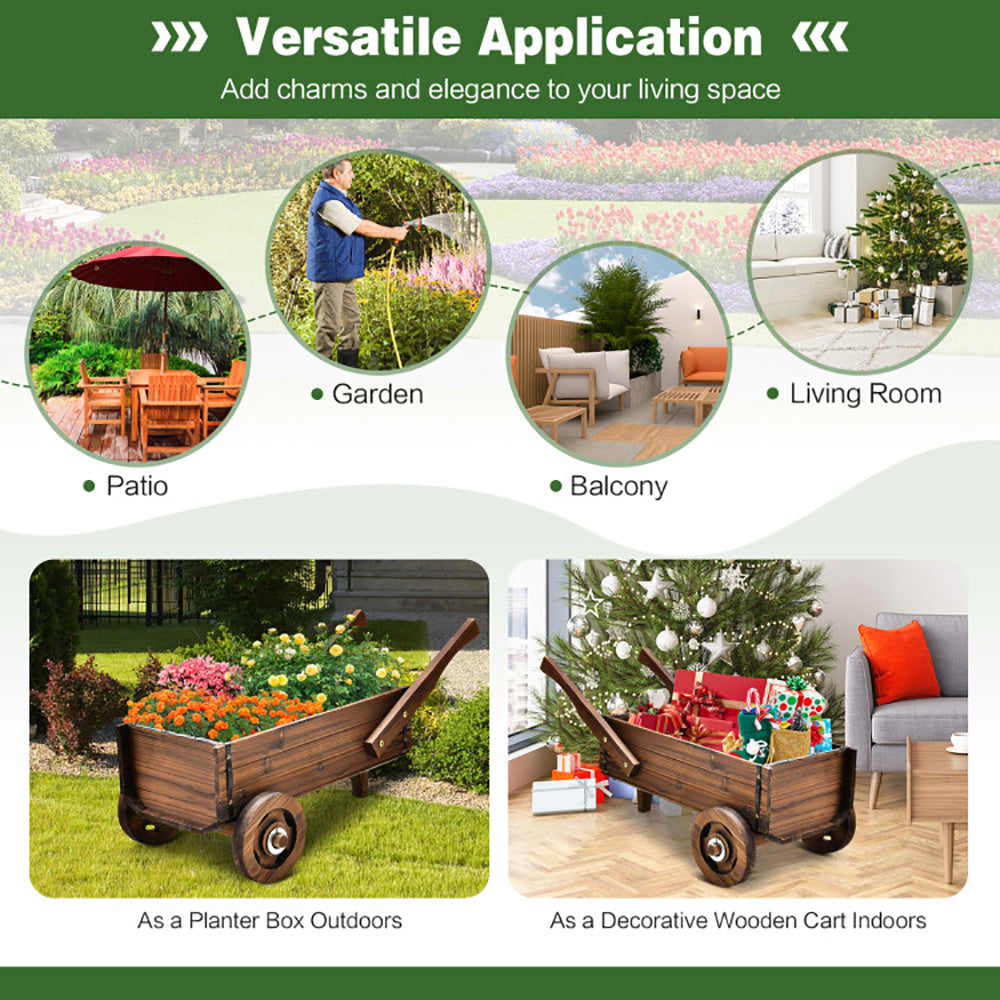 Wooden Wagon Planter Box with Wheels, Handles & Drainage Hole – Rustic Garden Flowerpot