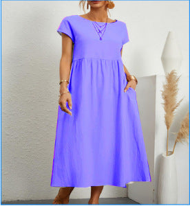 Summer Short-Sleeved Solid A-line Dress with Pockets Fashionable Round Neck for Women