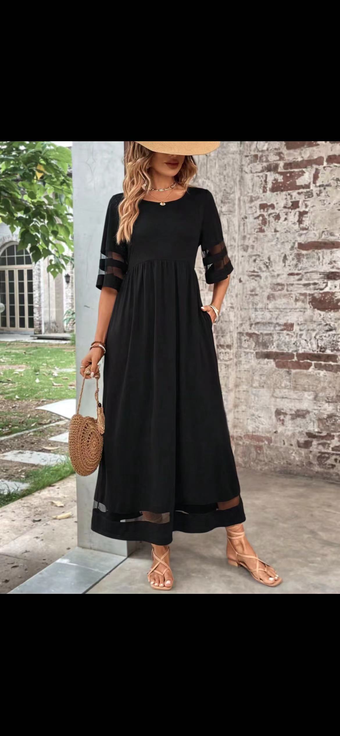 Robe patchwork à manches cinq-quarts et col rond avec poches