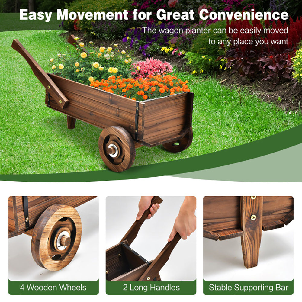 Wooden Wagon Planter Box with Wheels, Handles & Drainage Hole – Rustic Garden Flowerpot