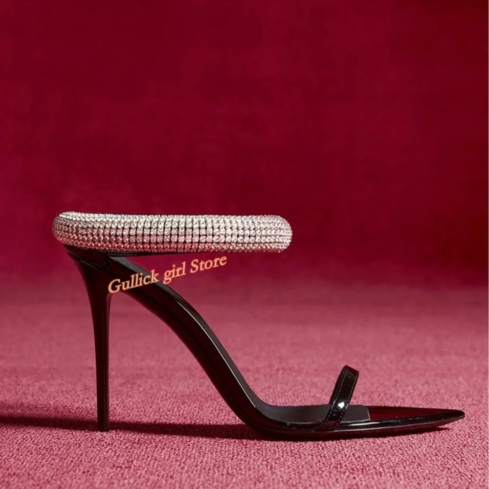 Top Quality Crystal Strap Stiletto Sandals Sexy Pointed Toe Black Patend Leather Slip On Fashion Summer New Arrivals Shoes
