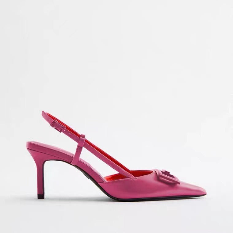 Pointed toe slender heel shallow mouth high heels women's back strap slingback buckle cap toe sandals women's trendy