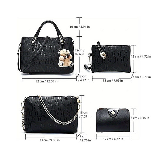 مجموعة حقائب يد نسائية من الجلد الصناعي بمقبض علوي مكونة من 4 قطع، حقيبة يد كبيرة وحقيبة كتف وحامل بطاقات