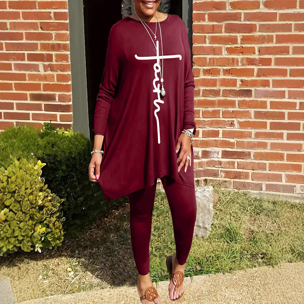Round Neck Loose Long Sleeves Solid Color Printed Plus Size Women's Clothing Two-piece Set