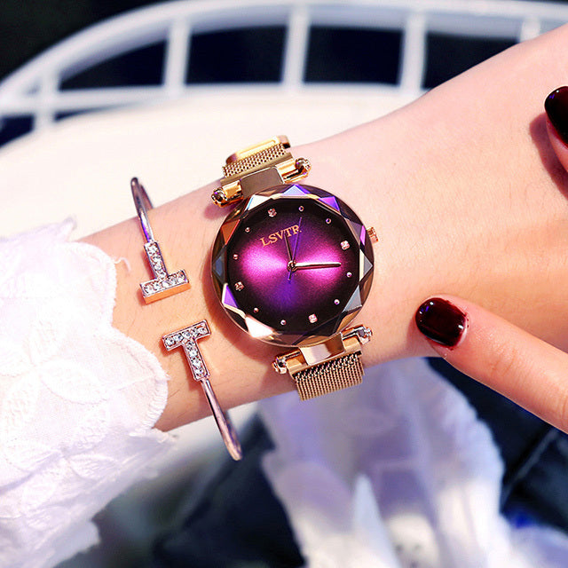 Rose Gold Starry Sky Watch Women’s Waterproof Diamond Magnetic Wristwatch
