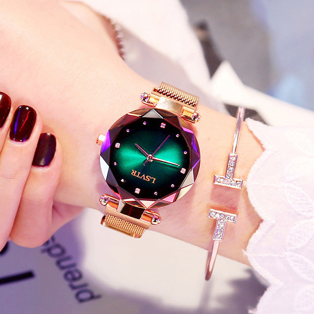 Rose Gold Starry Sky Watch Women’s Waterproof Diamond Magnetic Wristwatch