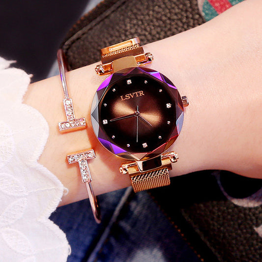 Rose Gold Starry Sky Watch Women’s Waterproof Diamond Magnetic Wristwatch