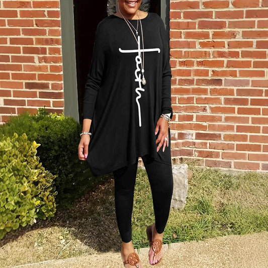 Ensemble deux pièces pour femme, col rond, ample, manches longues, couleur unie, imprimé, grande taille