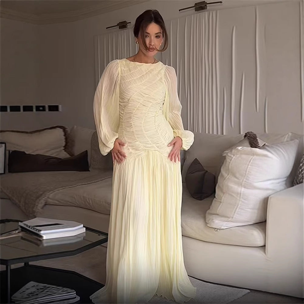Women's Long Sleeve Mesh Pleated Dress