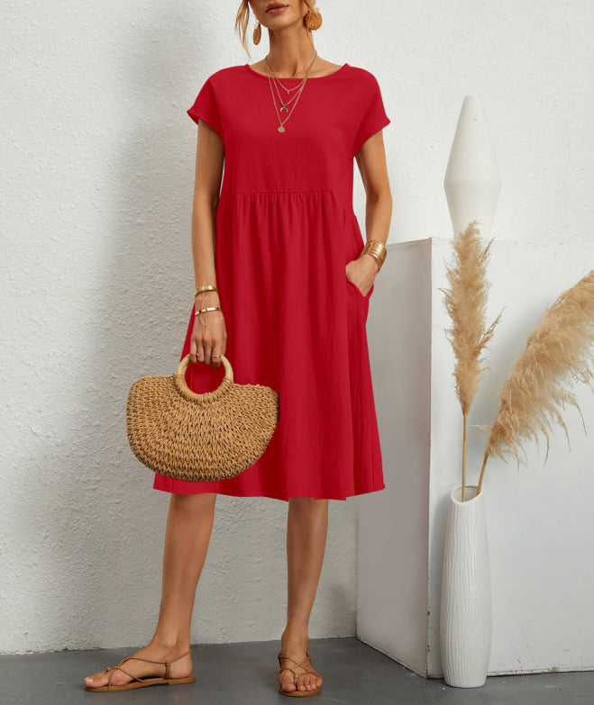 Summer Short-Sleeved Solid A-line Dress with Pockets Fashionable Round Neck for Women