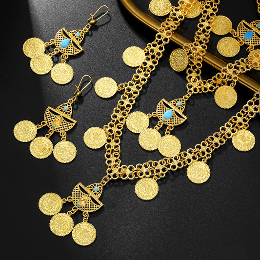 18K Gold Tassel Jewelry Set – Retro Multi-Layer Necklace & Earrings with Coins | Middle Eastern Wedding & Holiday Gift Set