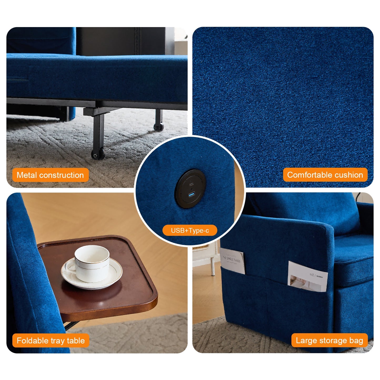 Adult Sleeper Chair Bed – 3-in-1 Convertible Sofa Chair with Pull-out Bed, Folding Tray, USB & Type-C Charging for Living Room
