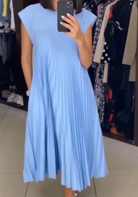 Short Sleeve Pleated Round Neck Long Summer Dress for Women