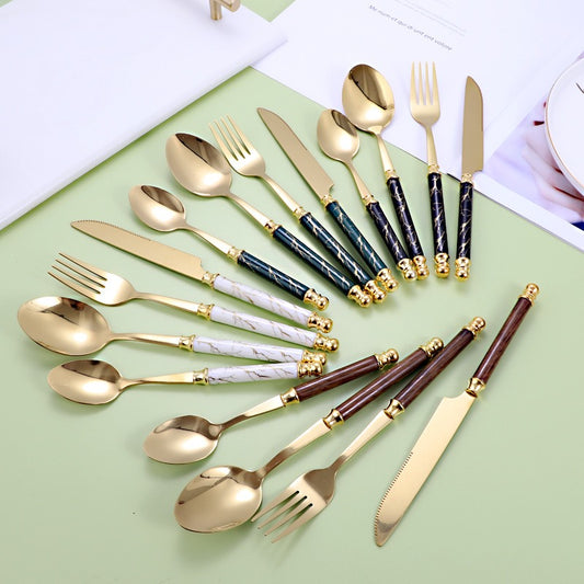 410 Stainless Steel Cutlery Set 24-Piece Golden European Style Knife, Fork & Spoon Set