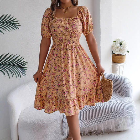 Robe à imprimé floral et col carré, mode estivale, volants, vêtements pour femmes