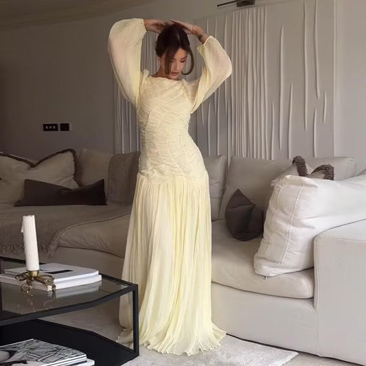 Women's Long Sleeve Mesh Pleated Dress