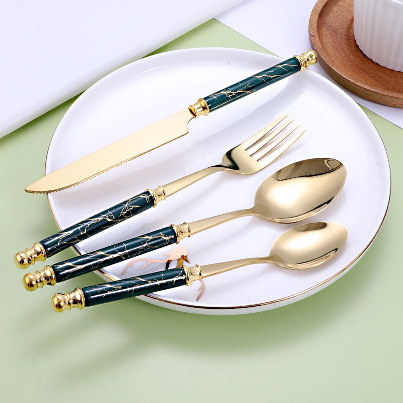 410 Stainless Steel Cutlery Set 24-Piece Golden European Style Knife, Fork & Spoon Set