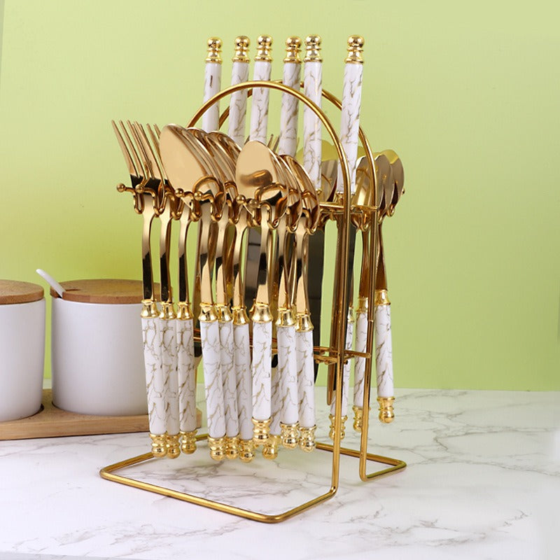 410 Stainless Steel Cutlery Set 24-Piece Golden European Style Knife, Fork & Spoon Set