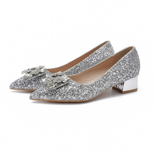 Silver French style mid heeled shoes for women's new square buckle wedding shoes and bridesmaid shoes