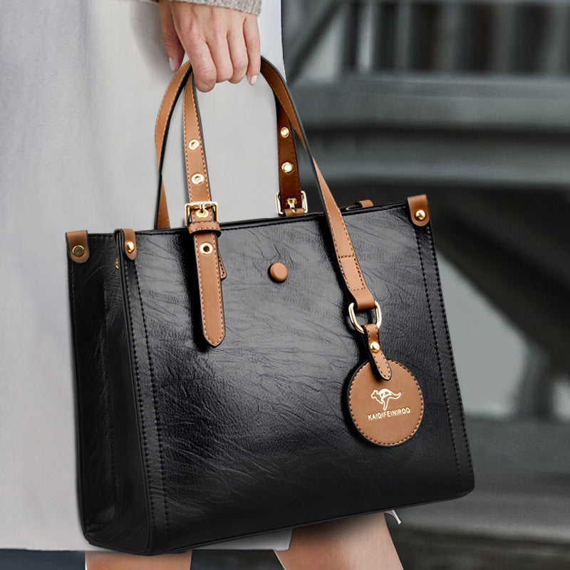 Elegant Oil Wax Cowhide Leather Handbag Women’s Daily Commuter Purse