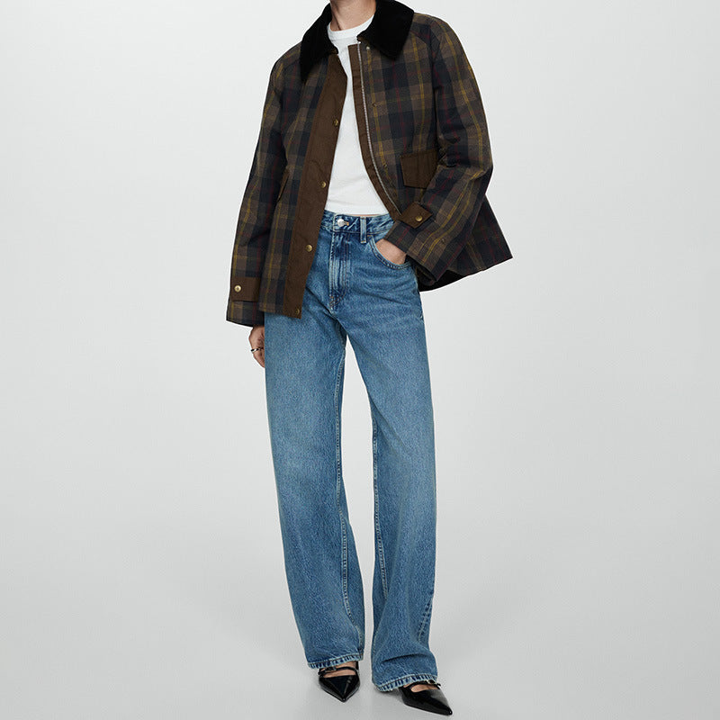 Autumn And Winter Plaid Fur Collar Cotton-padded Jacket