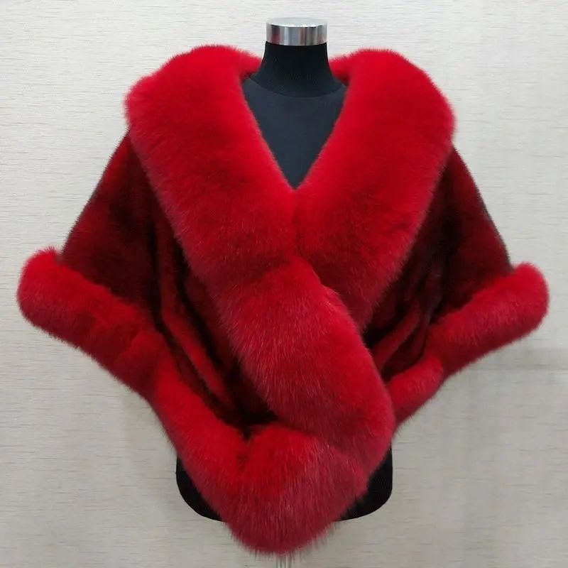 Plus sized Mink Fur Cape Coat with Dress Shawl - Imitation Fox Fur