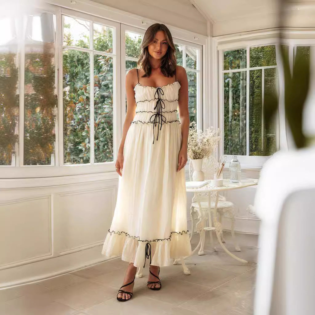 Summer Suspender Spaghetti Strap Long Dress with Bow Pleat Design Sweet Beach Fashion for Women