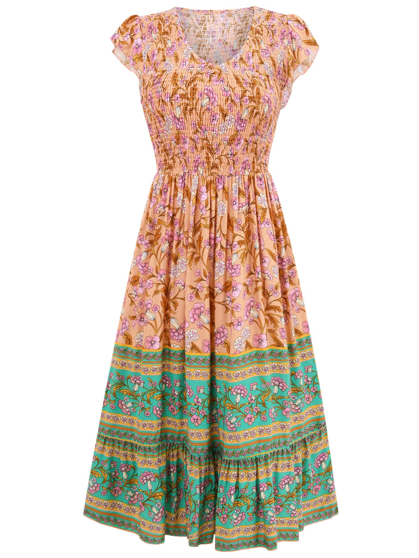 Flowers Print V-neck Summer Casual Ruffle Sleeveless Bohemian Beach Dress for Women