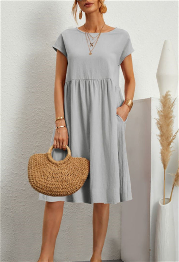 Summer Short-Sleeved Solid A-line Dress with Pockets Fashionable Round Neck for Women