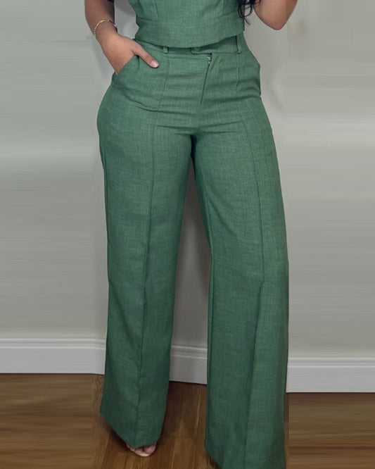 Ensemble d'été sans manches pour femme, haut à col rond, gilet et pantalon droit à poches, style décontracté