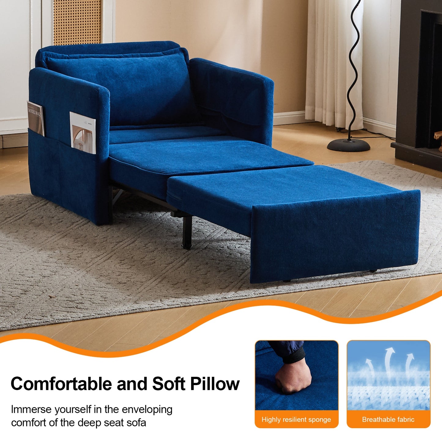 Adult Sleeper Chair Bed – 3-in-1 Convertible Sofa Chair with Pull-out Bed, Folding Tray, USB & Type-C Charging for Living Room