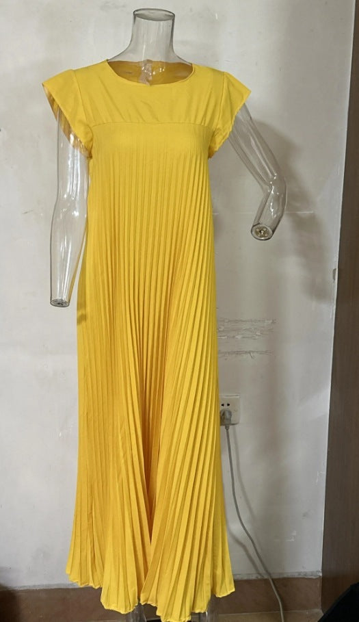 Short Sleeve Pleated Round Neck Long Summer Dress for Women