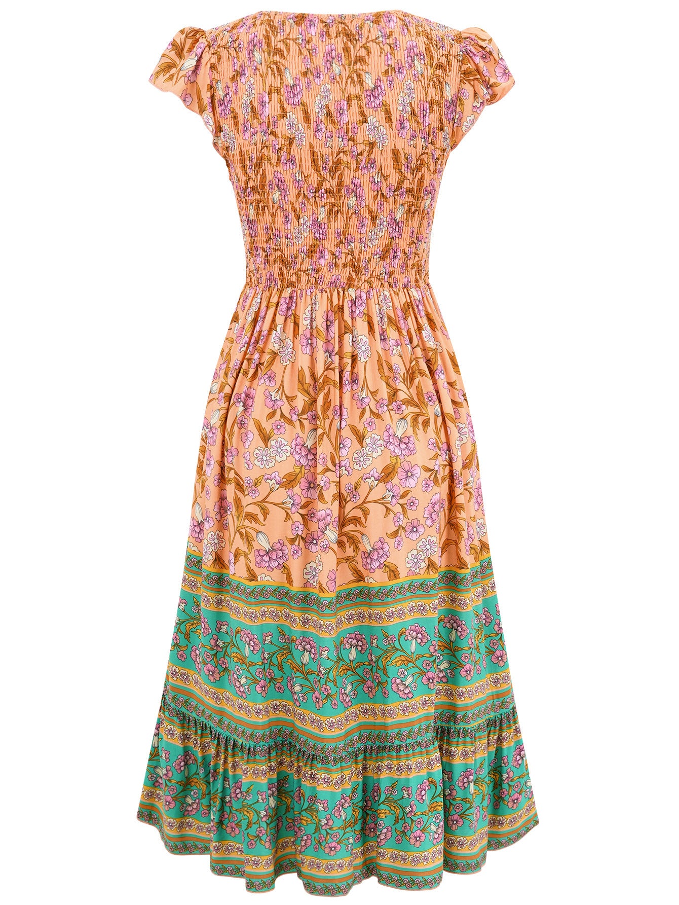 Flowers Print V-neck Summer Casual Ruffle Sleeveless Bohemian Beach Dress for Women