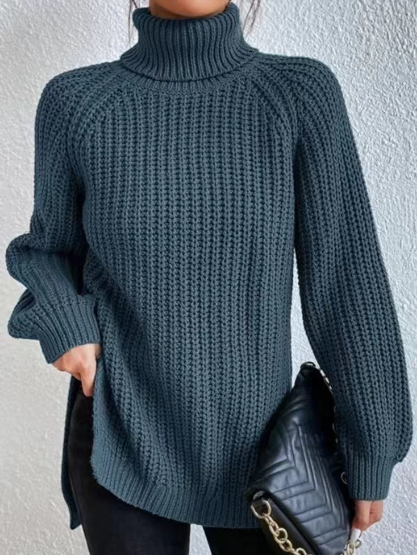 Turtleneck Pullover Sweater with Split Design Simple Solid Color Long Sleeve Top for Women