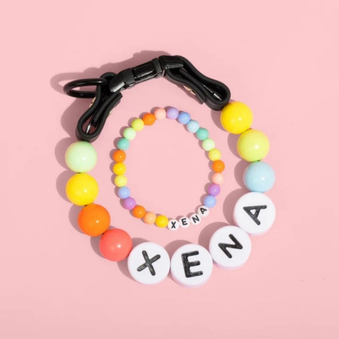 Custom Beaded Pet Collar with Matching Bracelet Personalized Dog Name Necklace