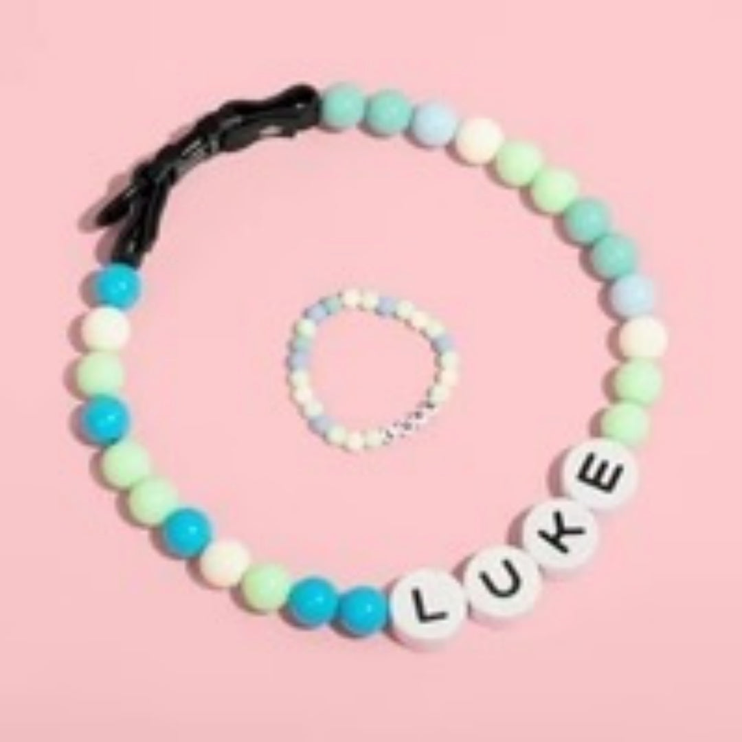 Custom Beaded Pet Collar with Matching Bracelet Personalized Dog Name Necklace