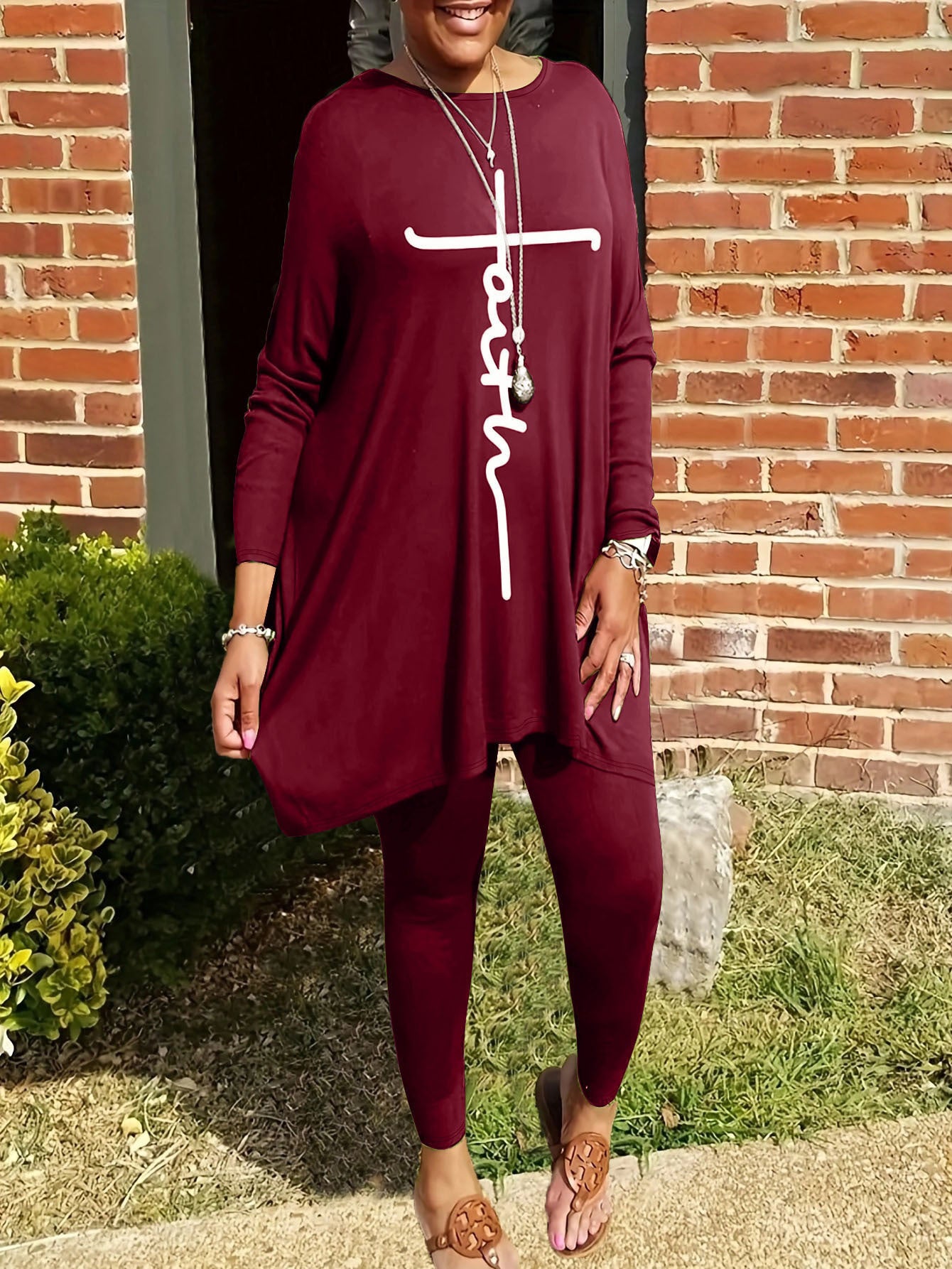 Round Neck Loose Long Sleeves Solid Color Printed Plus Size Women's Clothing Two-piece Set