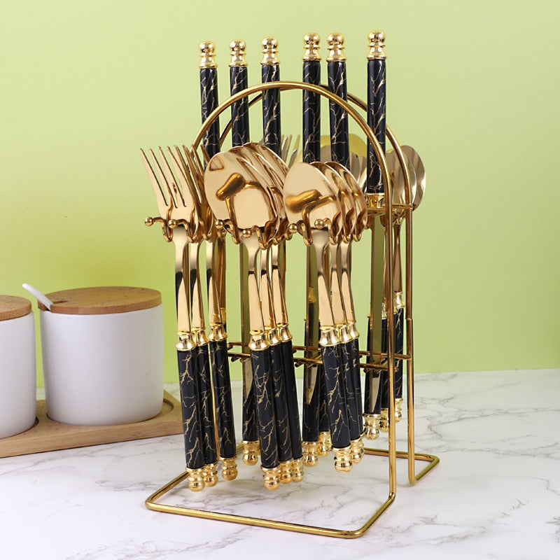 410 Stainless Steel Cutlery Set 24-Piece Golden European Style Knife, Fork & Spoon Set